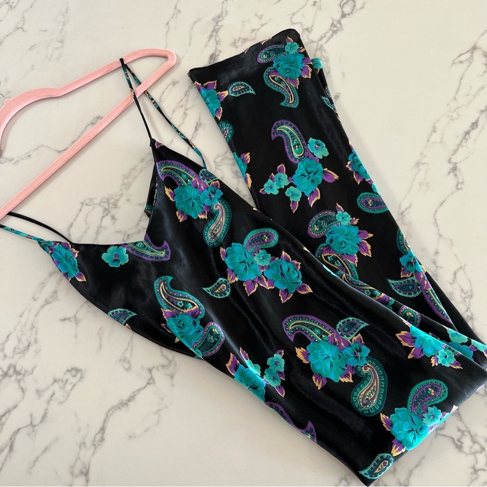 Circa 2000 Paisley Floral Satin Slip Dress - Black / Teal / Purple - Size Large